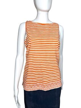 Talbots Orange White Stripe Paisley Trim 100% Cotton Tank Top Size Small